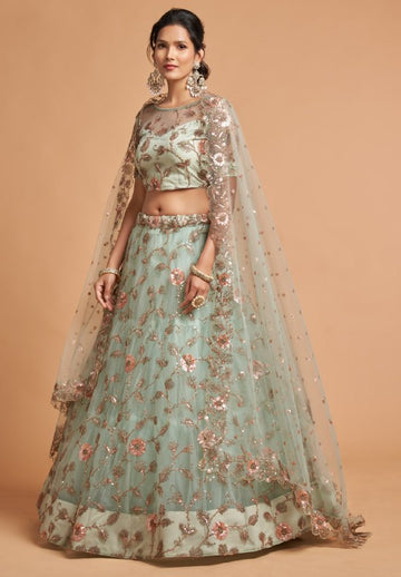 Sky blue Net Sequins Embroidery With Dori And Zari Work Lehenga Choli  (Semi-Stitched)