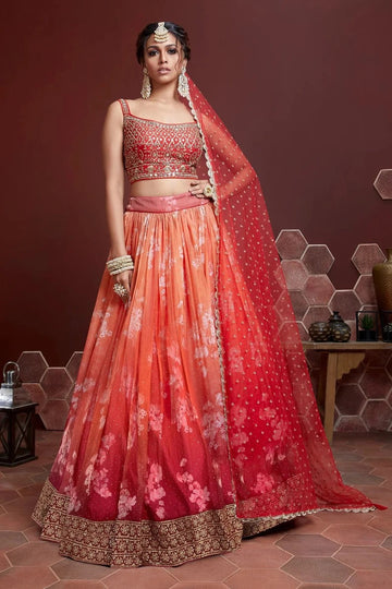 Orange organza  floral Real mirror work lehenga choli for women