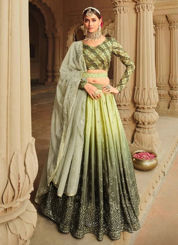 Pista to Mehendi multi colour lehenga choli for women bridal wear mehendi function wear lehenga choli