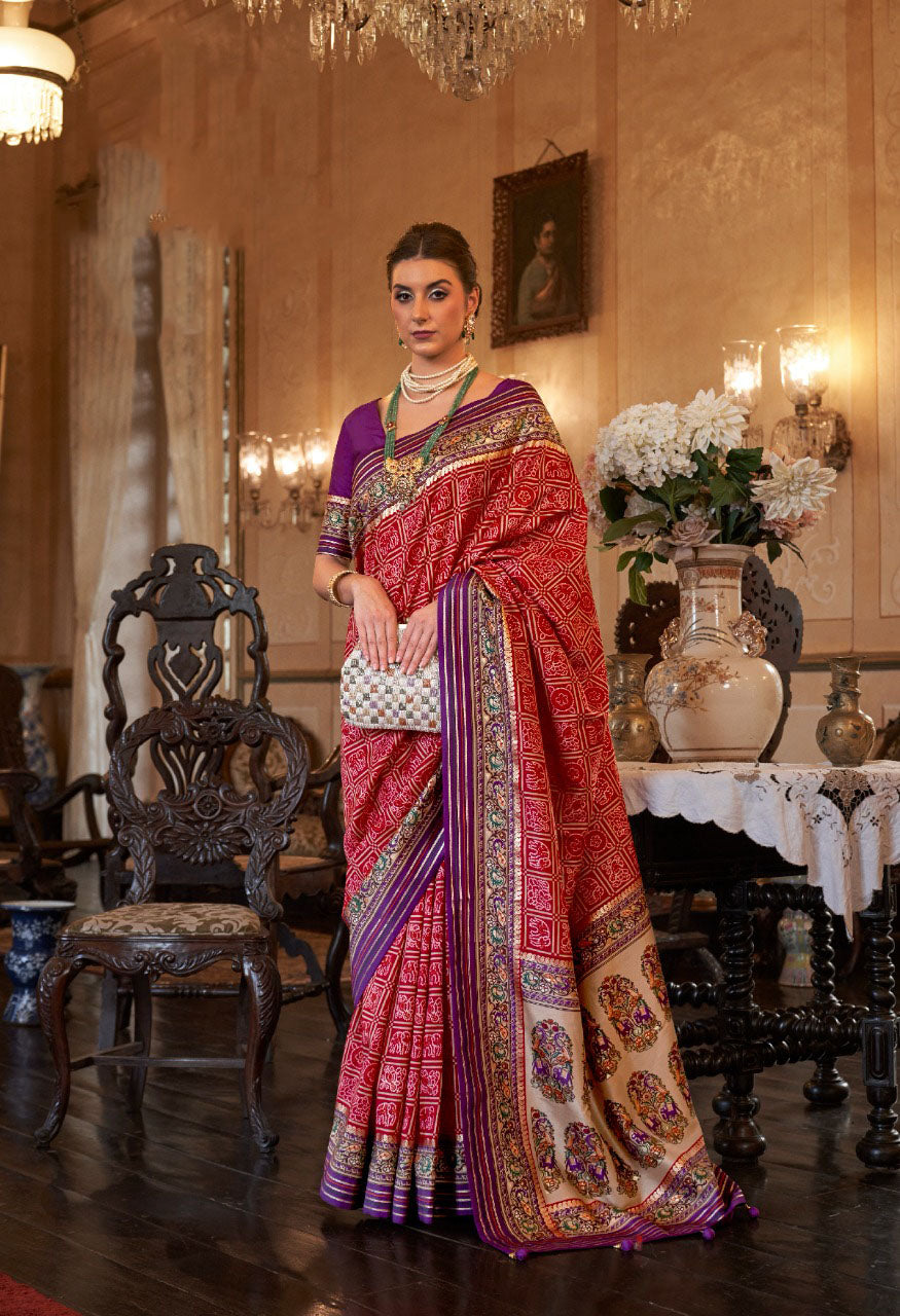 Red and Purple  Smoothy Patola Silk Saree for women, designer latest wedding wear saree