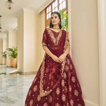 Maroon Zari,Thread & Sequins Embroidery Work  lehenga choli with Net dupatta