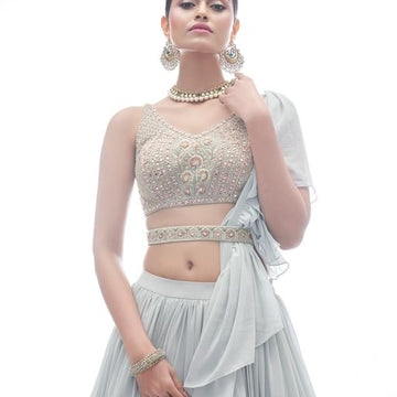 Designer Light  Grey color lehenga choli with   Thread and Mirror  Work    wedding party wear lehenga choli with dupatta