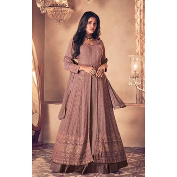 Brown Georgette Work  Full Flare Long Gown For Women or Girls