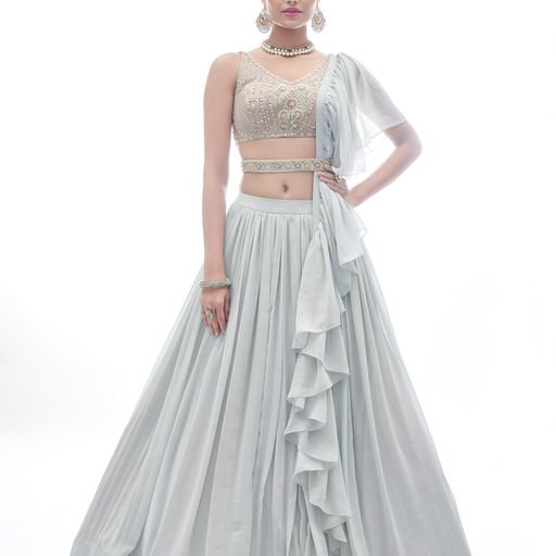 Designer Light  Grey color lehenga choli with   Thread and Mirror  Work    wedding party wear lehenga choli with dupatta