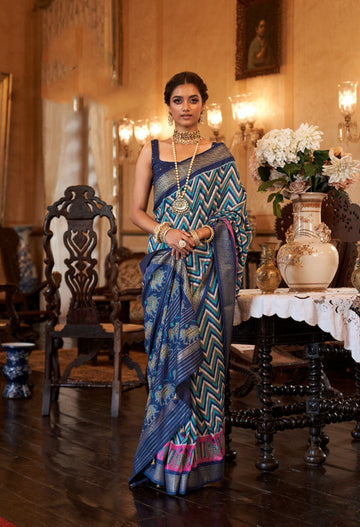 Blue   Smoothy Patola Silk Saree for women, designer latest wedding wear saree