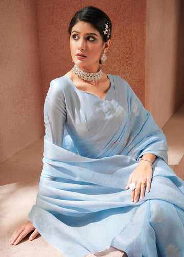 Sky Blue Silk Saree for women designer latest wedding wear saree