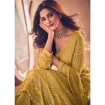 Yellow Georgette Work  Full Flare Long Gown For Women or Girls