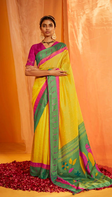 Yellow  Soft Brasso Silk Saree for women, designer latest wedding wear saree