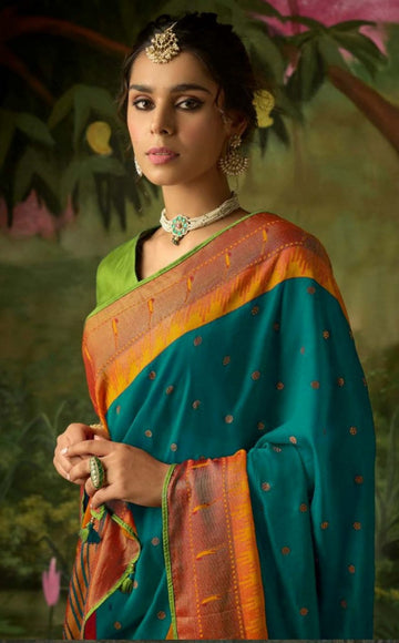 Teal Green Soft Brasso Silk Saree for women, designer latest wedding wear saree