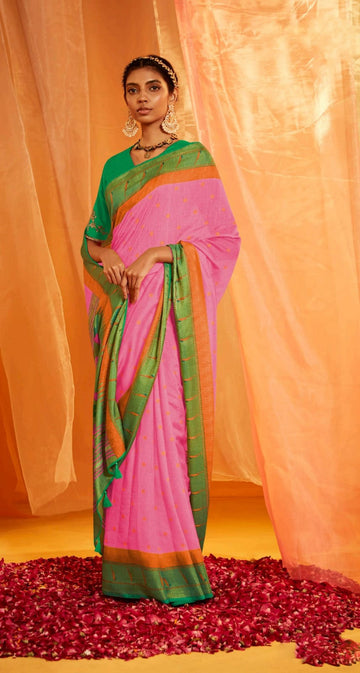 Pink   Soft Brasso Silk Saree for women, designer latest wedding wear saree