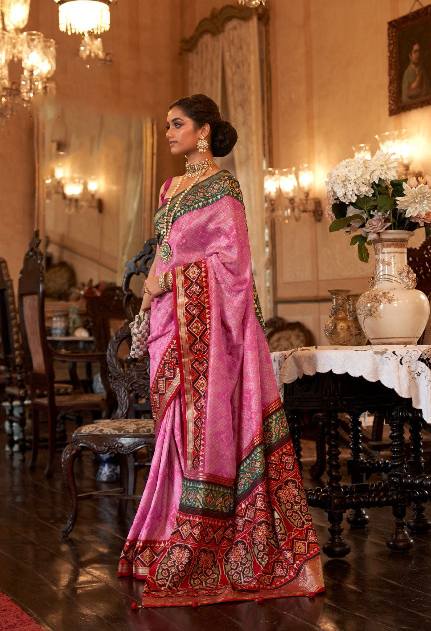 Pink Smoothy Patola Silk Saree for women, designer latest wedding wear saree