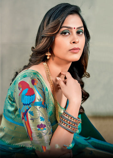 Teal  Blue  Pure Paithani Silk Saree for women, designer latest wedding wear saree