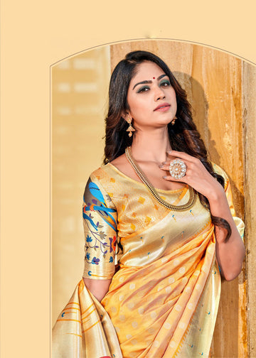 Yellow  Pure Paithani Silk Saree for women, designer latest wedding wear saree