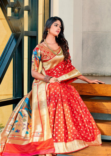 Red  Pure Paithani Silk Saree for women, designer latest wedding wear saree