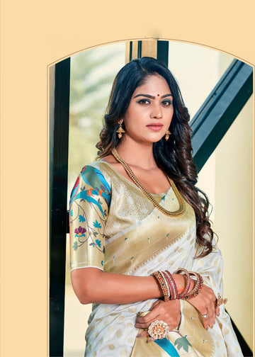 Off White Pure Paithani Silk Saree for women, designer latest wedding wear saree