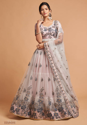 Designer Grey Net lehenga choli for women Thread, Sequins & Zari Embroidery Work wedding wear lengha choli