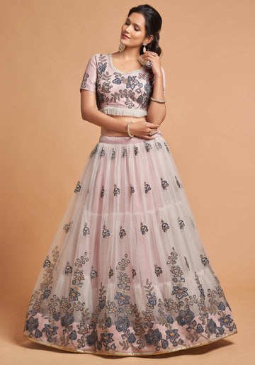 Designer Grey Net lehenga choli for women Thread, Sequins & Zari Embroidery Work wedding wear lengha choli