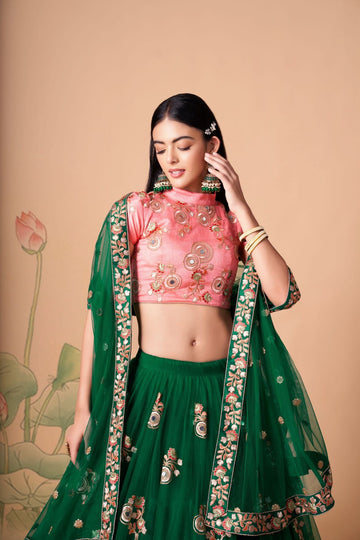 Designer  Green   and Pink color lehenga choli with Zari and Sequence ,Thread Embroidery Work wedding party wear lehenga choli with dupatta