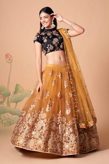 Designer  Black and Yellow color lehenga choli with Zari and Sequence ,Thread Embroidery Work wedding party wear lehenga choli with dupatta