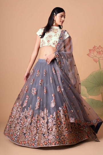 Designer Gray and Off-white   color lehenga choli with Zari and Sequence ,Thread Embroidery Work wedding party wear lehenga choli with dupatta