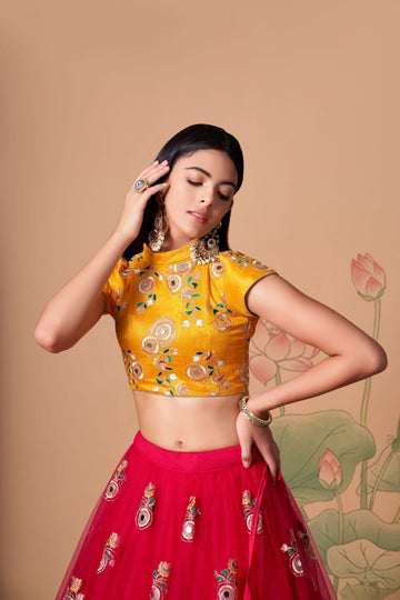 Designer Yellow and Red  color lehenga choli with Zari and Sequence ,Thread Embroidery Work wedding party wear lehenga choli with dupatta