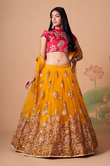 Designer Yellow and Red  color lehenga choli with Zari and Sequence ,Thread Embroidery Work wedding party wear lehenga choli with dupatta