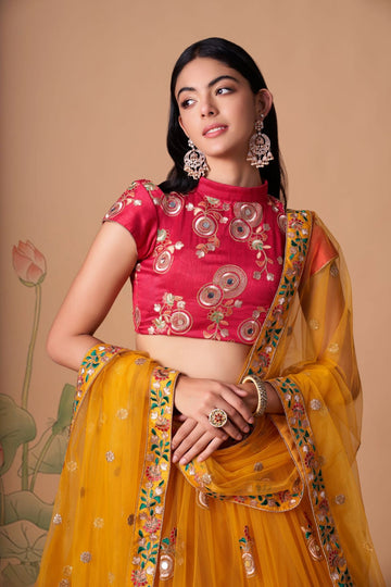 Designer Yellow and Red  color lehenga choli with Zari and Sequence ,Thread Embroidery Work wedding party wear lehenga choli with dupatta