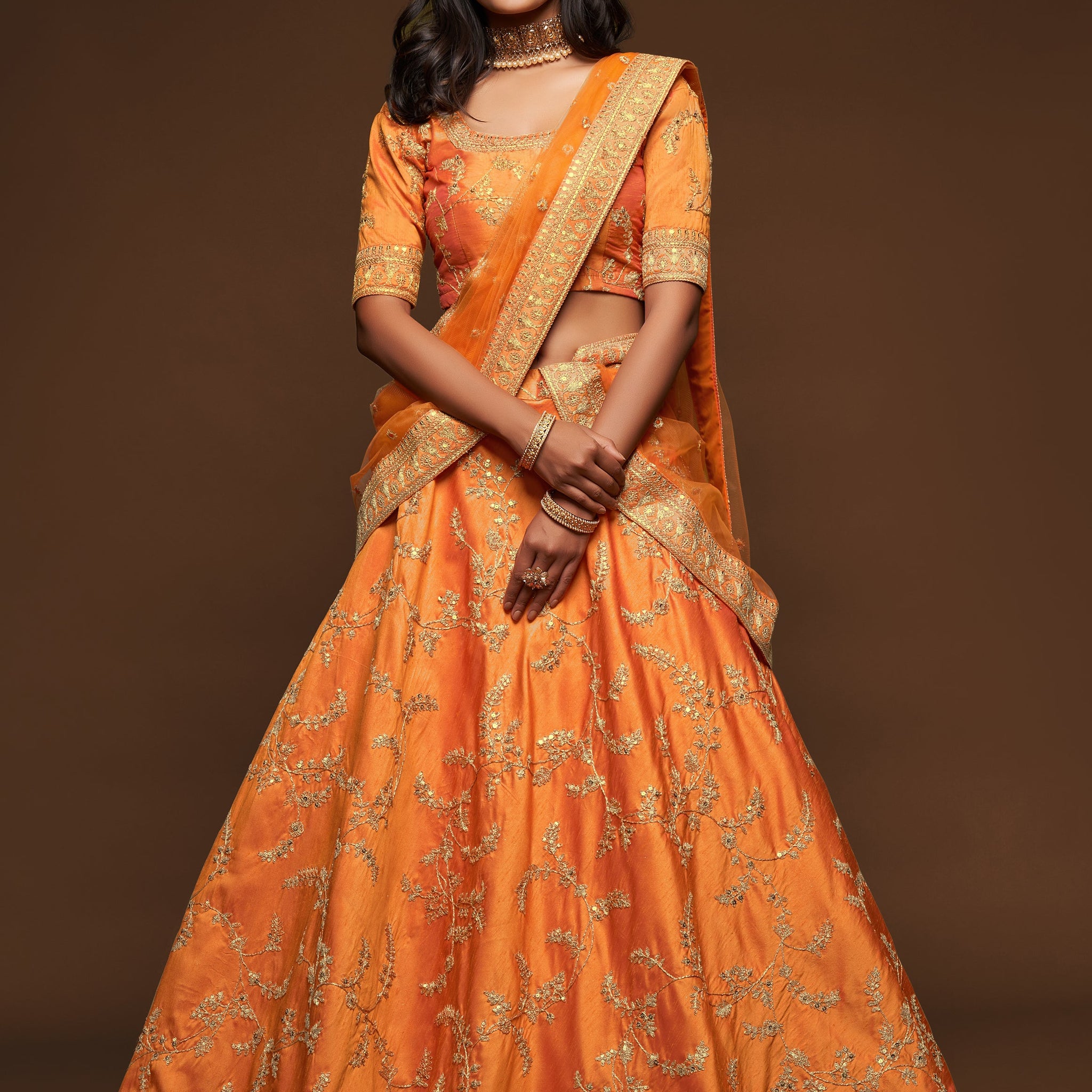 Orange lehenga choli for women Latest Indian bridal wear Zari, Sequins Dori work Party Wear Ghaghra Choli