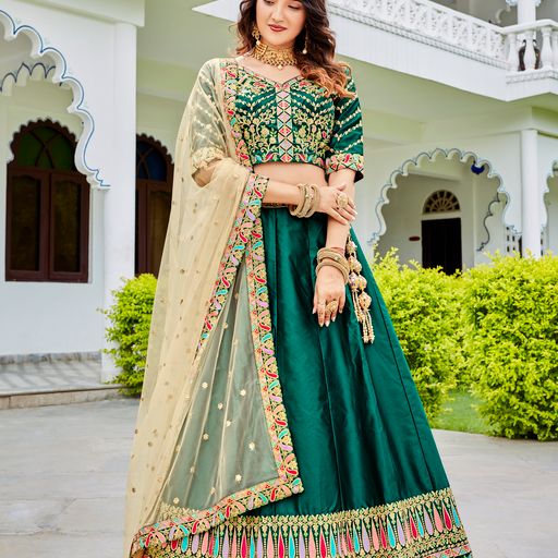 Green Sequins & Multi Embroidery Work lehenga choli with Net dupatta