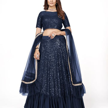 Blue Multi Sequins Work lehenga choli with Net dupatta