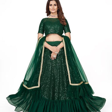 Green Multi Sequins Work lehenga choli with Net dupatta