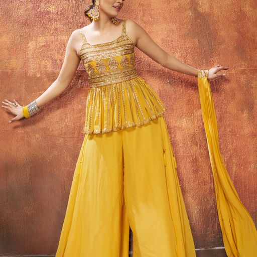 Yellow Georgette with Zari ,resham work Designer Peplum For Women