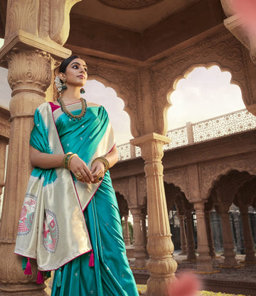 Teal Blue Paithani saree for women wedding  wear party wear designer sarees
