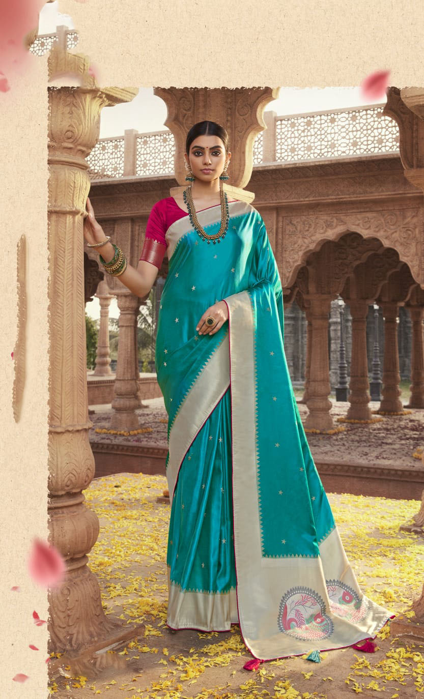 Teal Blue Paithani saree for women wedding  wear party wear designer sarees