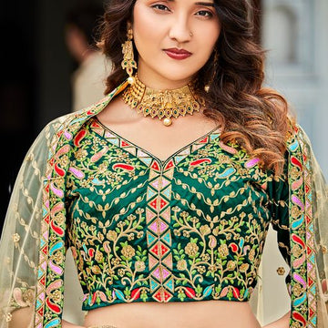 Green Sequins & Multi Embroidery Work lehenga choli with Net dupatta