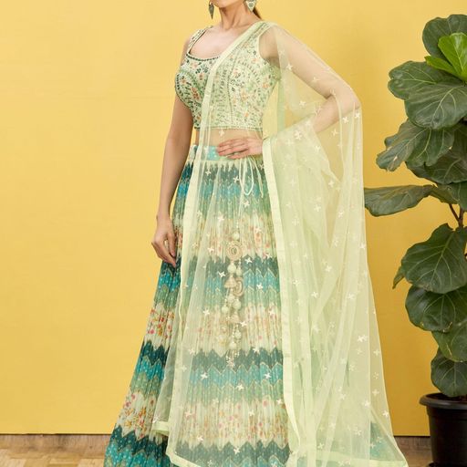 Green   Real Mirror with Thread, Zari, Sequins Embroidered And Digital Print Work  lehenga choli with  Soft  Net  dupatta