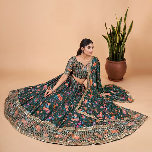 Green  Zari & Sequins Embroidery Work  lehenga choli with  Faux Georgette dupatta