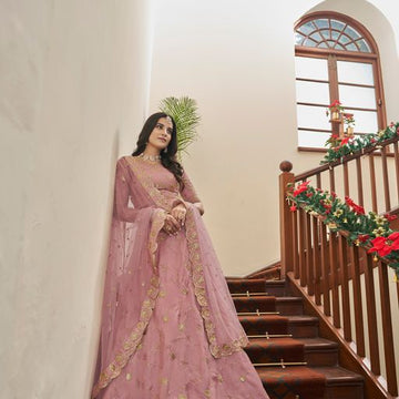 Peach Multi Zari & Sequins Embroidery Work lehenga choli with Net dupatta