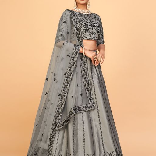 Grey Sequins & Multi Embroidery Work lehenga choli with Net dupatta