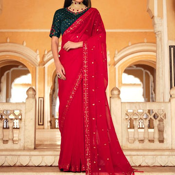 Red Chinon Silk  saree for women wedding  wear party wear designer sarees