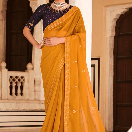Yellow Chinon Silk  saree for women wedding  wear party wear designer sarees