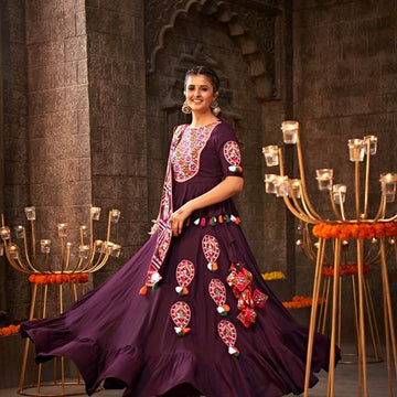 Purple  Thread,  Embroidered with all over mirror  Work  lehenga choli with  Viscose Rayon dupatta