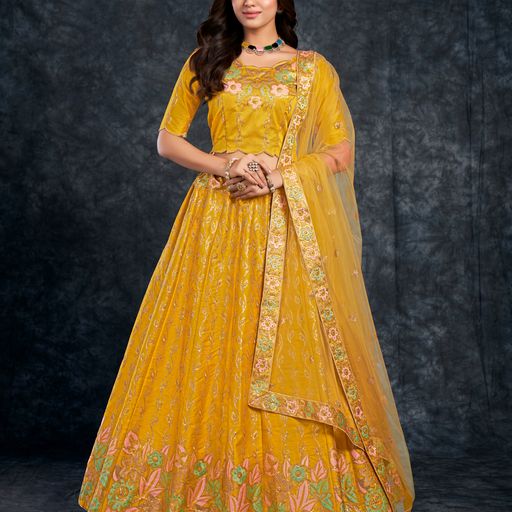 Mustered Yellow Diamond,Zari, Thread & Sequins Embroidery Work  lehenga choli with  Butterfly Net  dupatta