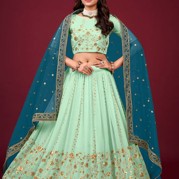 Pista Green Zari,Thread & Sequins Embroidery Work  lehenga choli with  Faux  Georgette dupatta