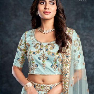 SKy Blue Diamond,Zari,Thread & Sequins  Embroidery Work   lehenga choli with  Net  dupatta