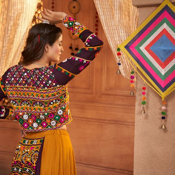 Musterd Yellow Thread,  Embroidered with all over mirror  Work  lehenga choli with  Viscose Rayon dupatta