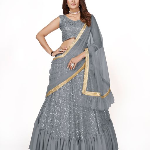 Grey Multi Sequins Work lehenga choli with Net dupatta