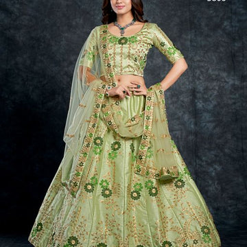 Pista Green Diamond,Zari,Thread & Sequins  Embroidery Work   lehenga choli with  Net  dupatta