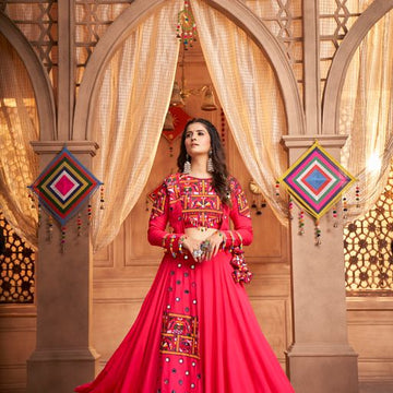 Rani Pink Thread,  Embroidered with all over mirror  Work  lehenga choli with  Viscose Rayon dupatta