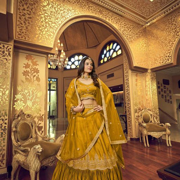 Yellow Hand Work, Zari & Sequins Embroidery Work lehenga choli with Net dupatta